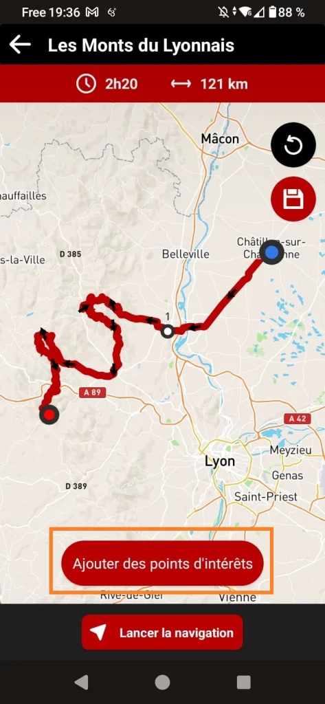 Rutas incluidas en la aplicación GPS para motos 68° - añadir PDI a una ruta