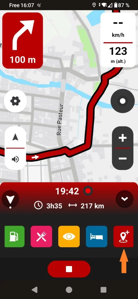 App GPS moto gratuite 68° : ajouter un point pendant le guidage 1 