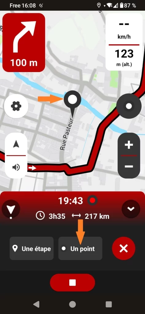 App GPS moto gratuite 68° : ajouter un point pendant le guidage 2