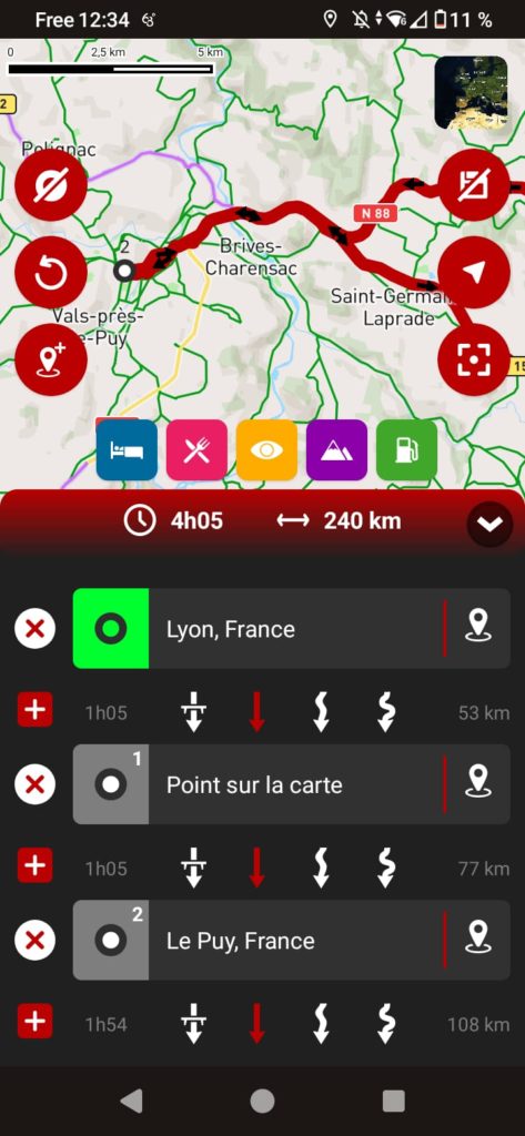 App GPS moto gratuite 68° : passer par le centre ville