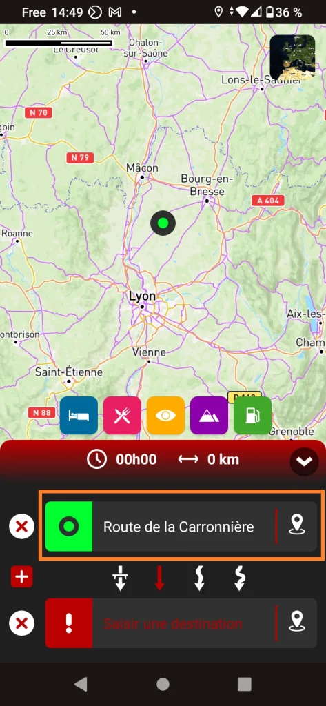 App GPS moto gratuite 68° : Créer une balade - le point de départ