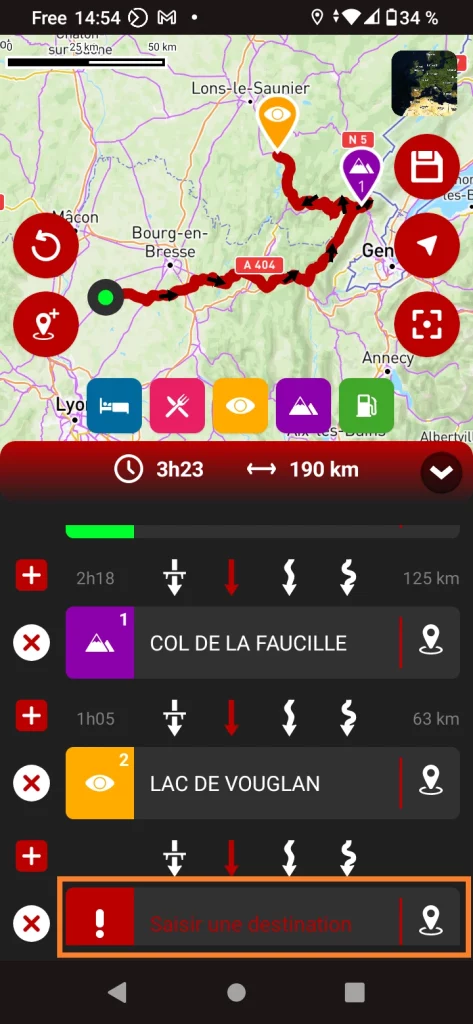 App GPS moto gratuite 68° : Créer une balade - saisir une destination