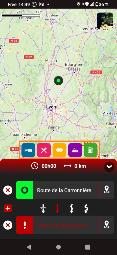 App GPS moto gratuite 68° : Créer une balade - le menu restaurants, bars, hébergements