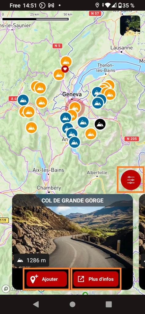 App GPS moto gratuite 68° : Créer une balade - ajouter un col