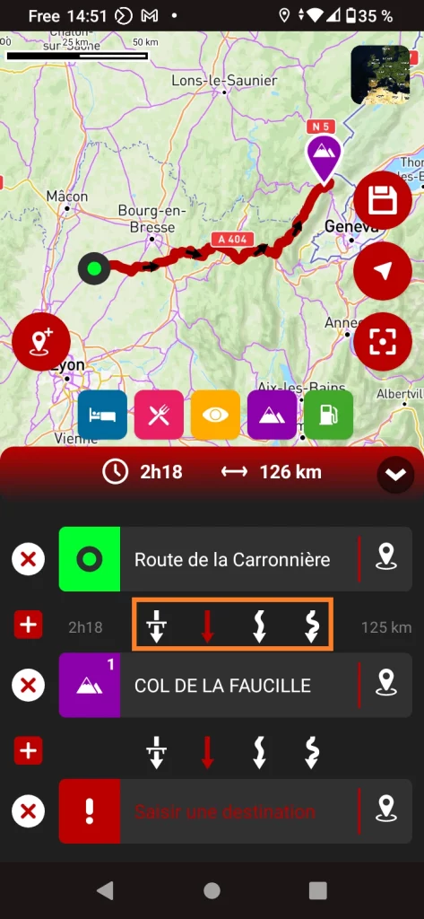 App GPS moto gratuite 68° : Créer une balade - ajouter une étape