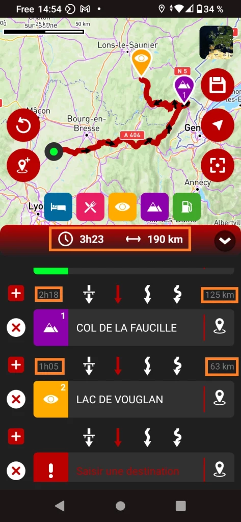 App GPS moto gratuite 68° : Créer une balade - ajouter une étape