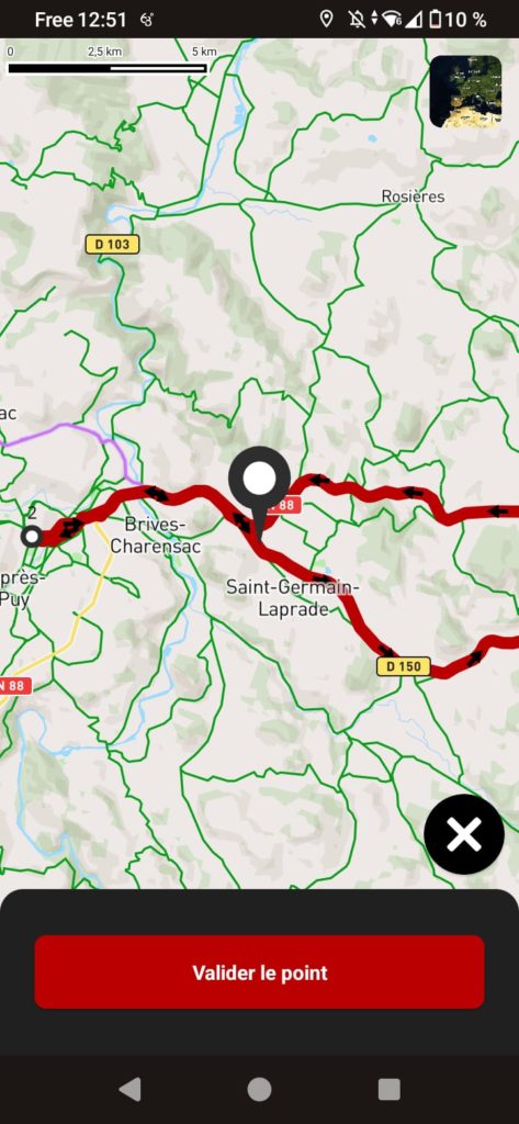 App GPS moto gratuite 68° : repositionner le point de passage