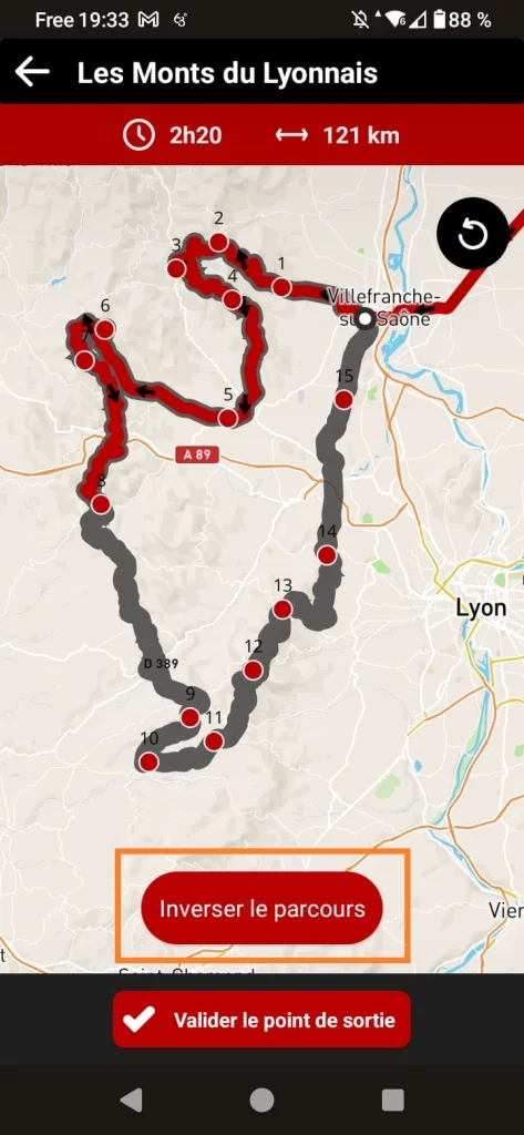 Rutas incluidas en la aplicación GPS moto 68° - Invertir una ruta