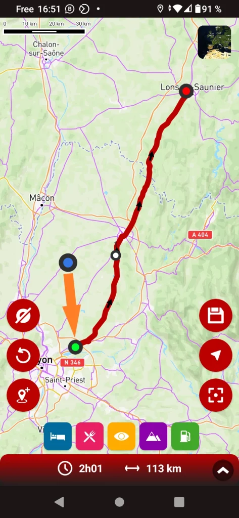 Free motorcycle GPS app 68°: join the route at the starting point