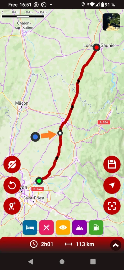 Free motorcycle GPS app 68°: join the route at the point closest to your position