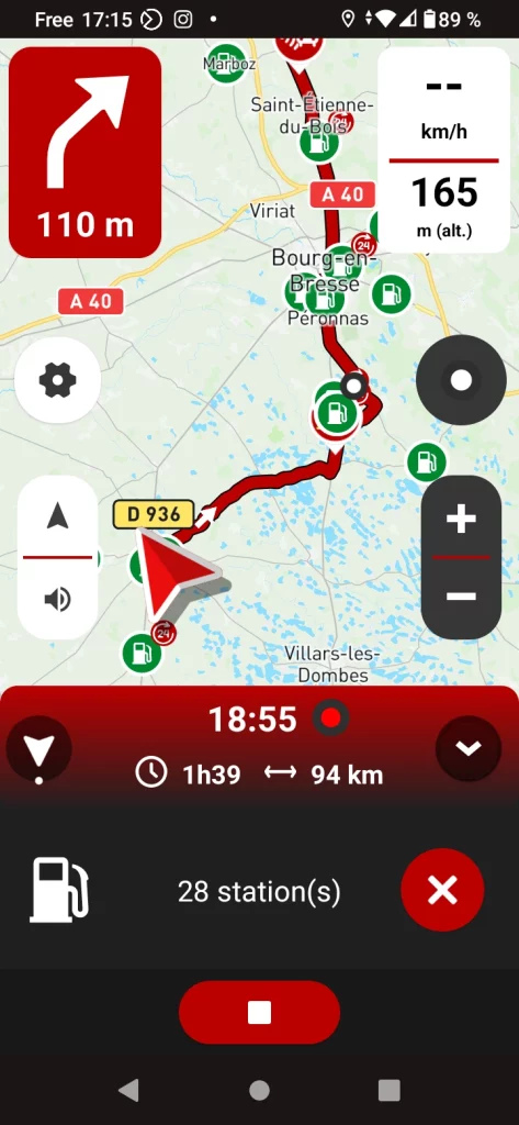 Free motorcycle GPS app 68°: nearby petrol stations