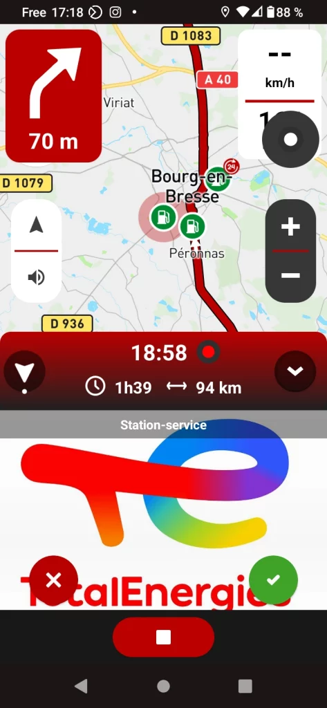 Free motorcycle GPS app 68°: add service station to itinerary