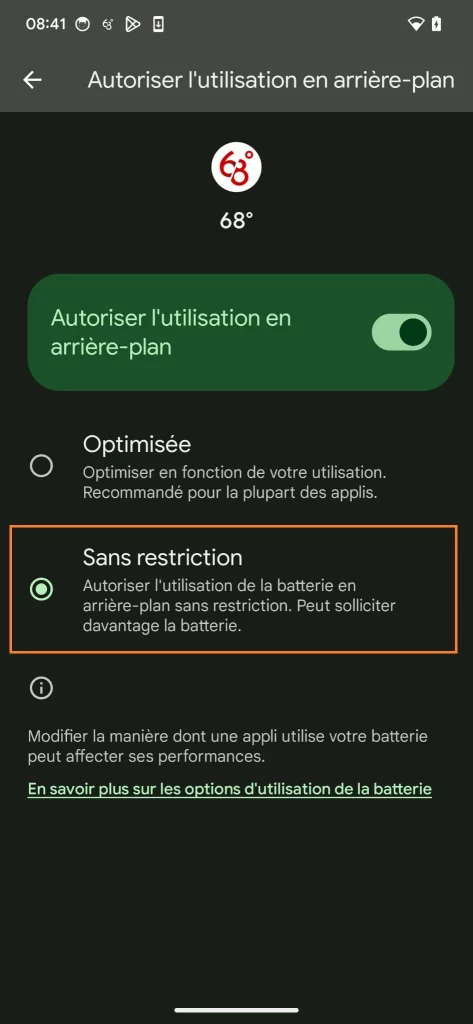 Optimisation de la batterie pour l'app GPS moto 68° sur Android - 4