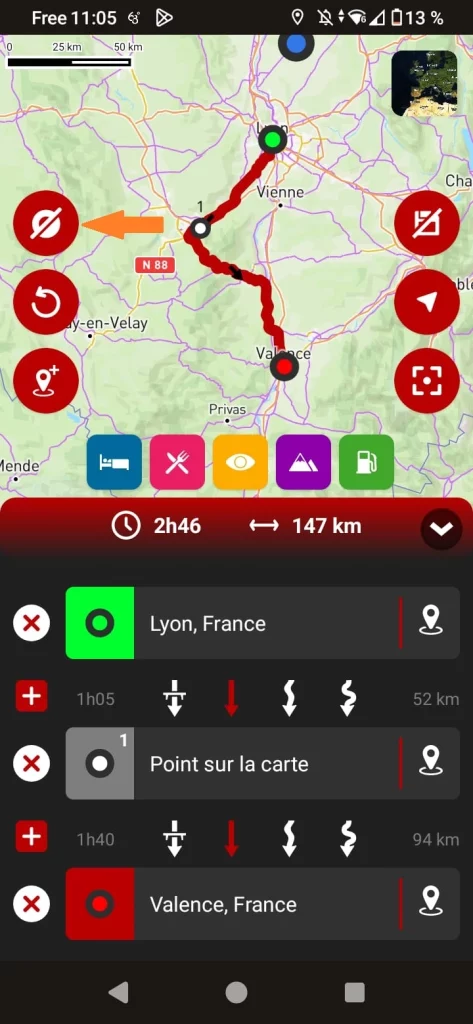 App GPS moto gratuite 68° : afficher ou masquer les points de passage