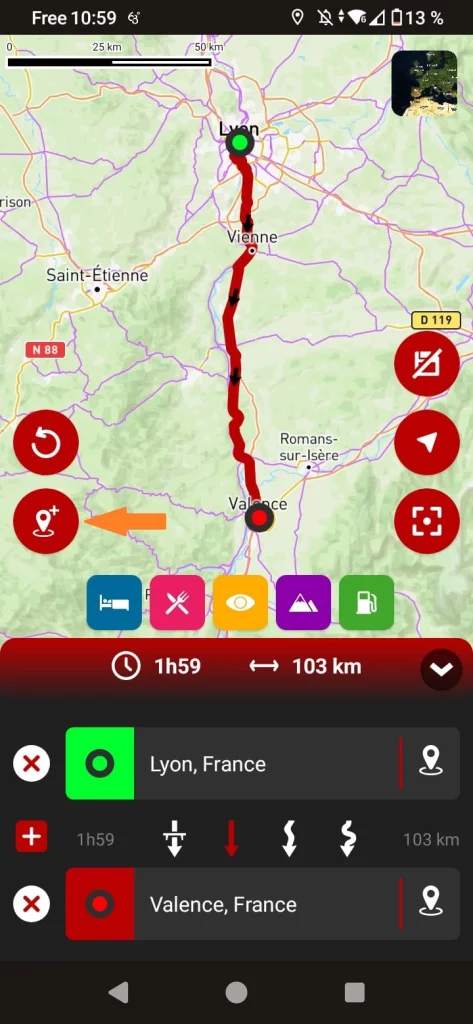 App GPS moto gratuite 68° : ajouter un point de passage