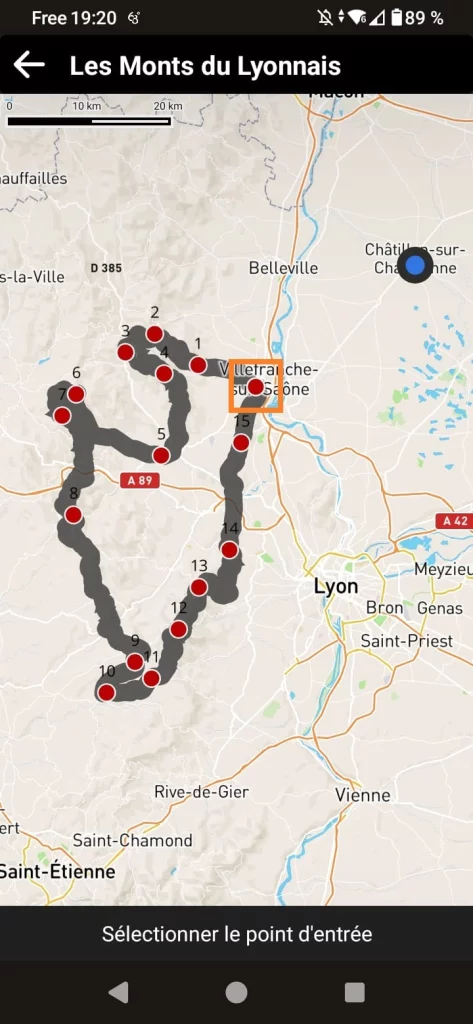 Rutas incluidas en la aplicación GPS para motos 68° - punto de entrada de la ruta