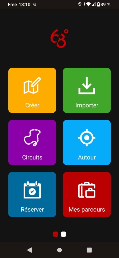 App GPS moto gratuite 68° : premier onglet du menu