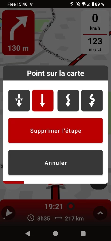 App GPS moto gratuite 68° : éviter un point de passage pendant le guidage 2